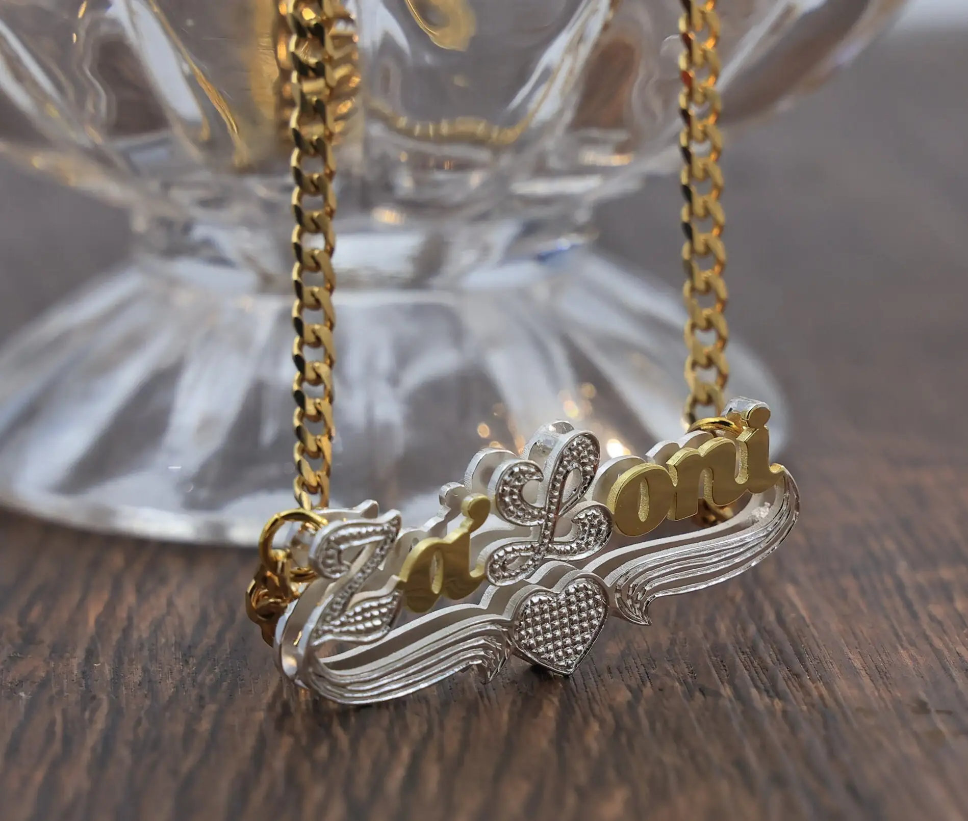 

Personalized Double Name Necklace Heart-shaped Decoration Custom Name Necklace Silver and Gold Cuban Chain Best Gift