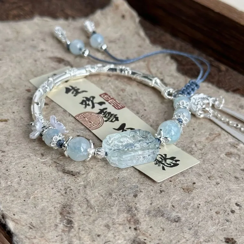 새로운 중국 스타일 태슬 블루 비즈 롱 펜던트 팔찌 여성용 궁정 스타일 팔찌 기품 있는 팔찌 패션 주얼리