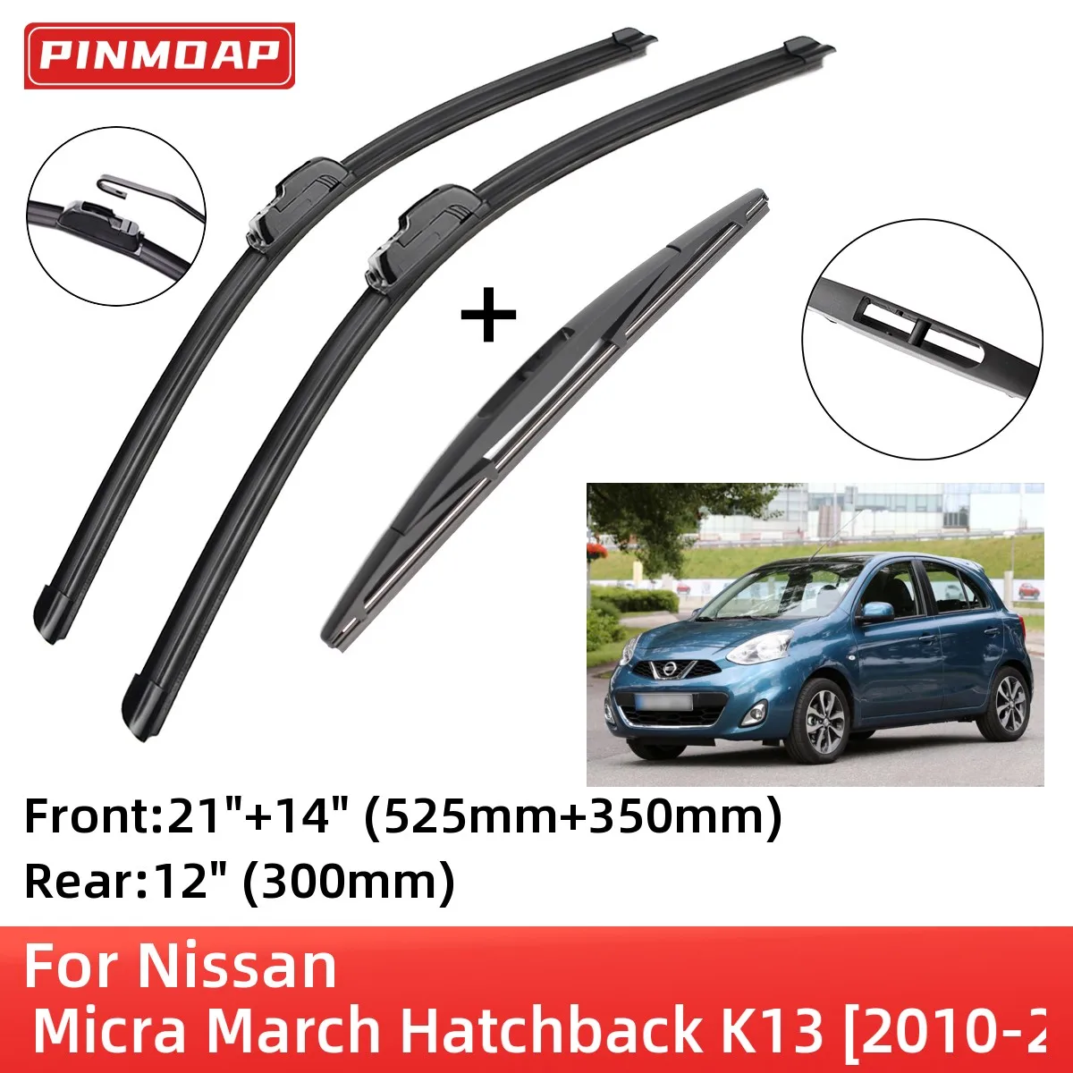 

For Nissan Micra March Hatchback K13 2010-2016 Front Rear Wiper Blades Brushes Cutter Accessories J Hook 2010 2011 2012 2013