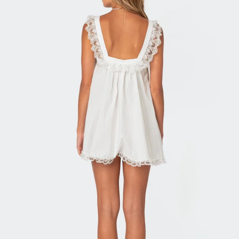 Damska sukienka mini na wakacje, długa, seksowna, luźna, z falbankami, z haftem koronkowym, smockowana w talii, na imprezę, linia A, 2025