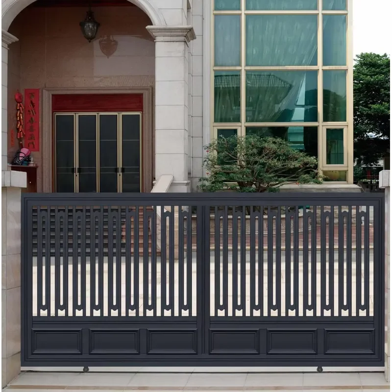 Durable Aluminum Electric Swing Security Gate with Geometric Lattice and Black Coating for Exterior Entry and Villa Compound