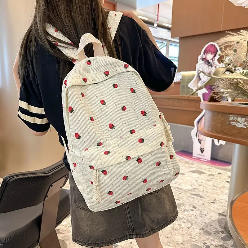 Large Capacity Corduroy Strawberry Student School Bag Multi-pockets Travel Backpack Adjustable Strap	Versatile Simple Cute