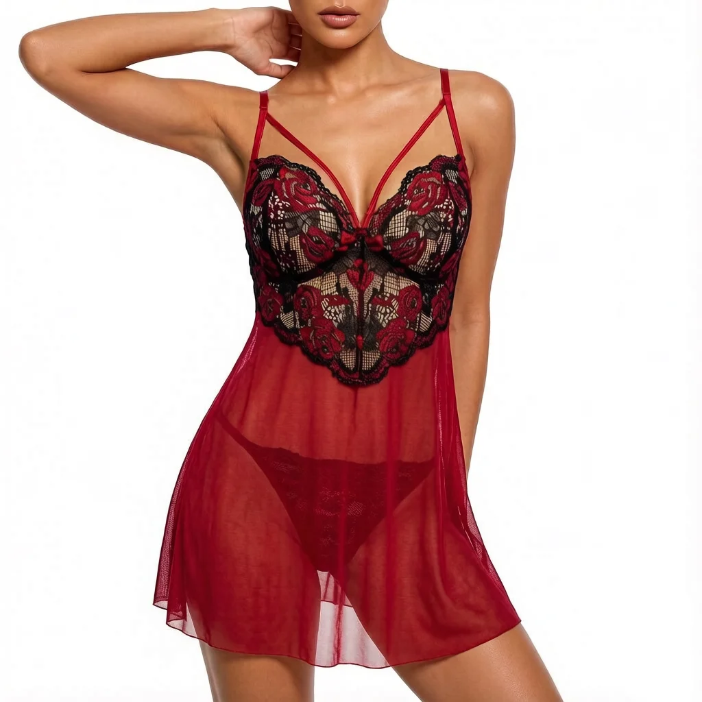 Red wine rose embroidered lace nightgown set - Retro style deep V mesh sheer camisole thong set ZA825133