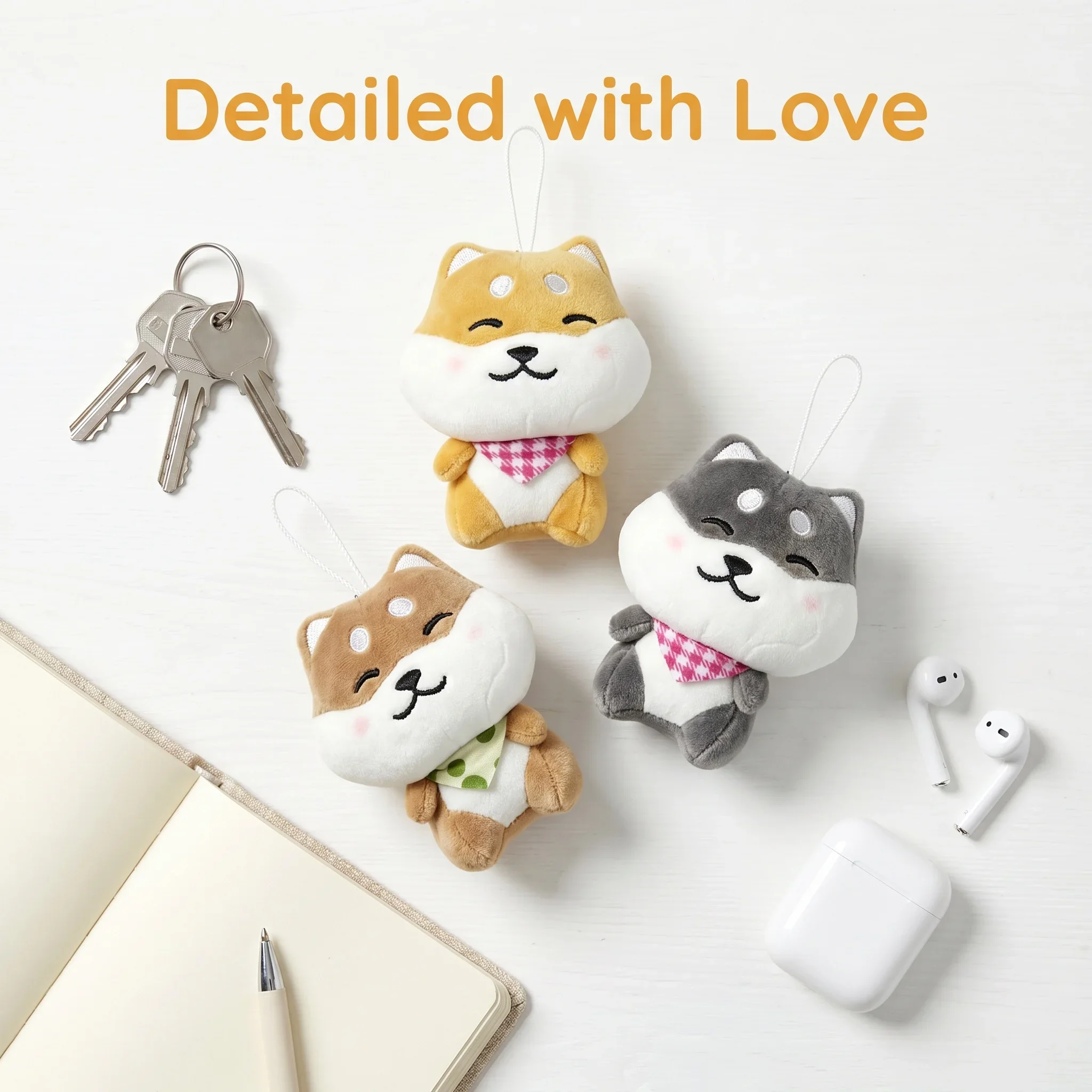 10cm 3pcs Cute Shiba Inu Plush Keychain, Soft and Fluffy Mini Dog Charm with Plaid Bandana, Bag Accessory, Gift for Dog Lovers