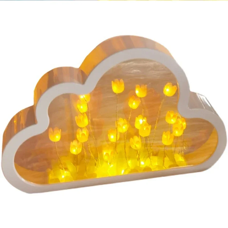 

Cloud Tulip Night Light DIY Handmade Mirror Flower Sea Desktop Atmosphere Light Ornaments 2 in 1 Cloud Shape Bedside Bed Lamp