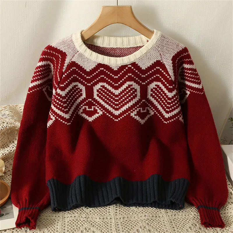 Contrast Color Love Retro Jacquard Sweater Women's Winter New Korean Edition Lazy Loose Round Neck Knit