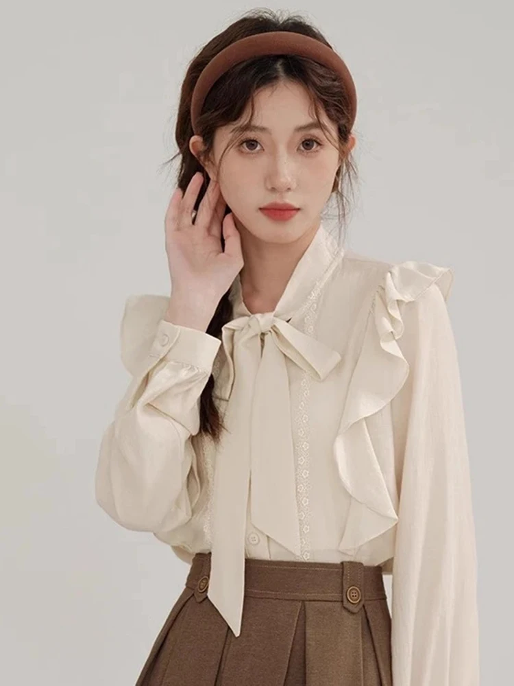 Retro Ruffles Women Shirt Autumn French Elegant Bow Button Long Sleeve Blouse Sweet Vintage Lace Up Gentle Temperament New Tops