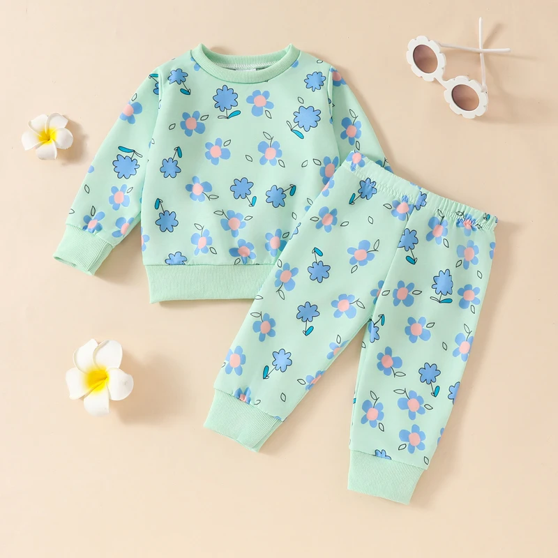 

2024-06-03 Lioraitiin Little Girls 2PCS Fall Sets Long Sleeve O Neck Floral Print Tops Elastic Band Pants