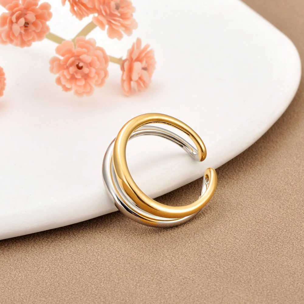 JeeMango Einfache Edelstahl Doppel Kreise Ringe Für Frauen 18K Gold Überzogene Mode Schmuck für Frauen Wasserdicht Geschenk R25038