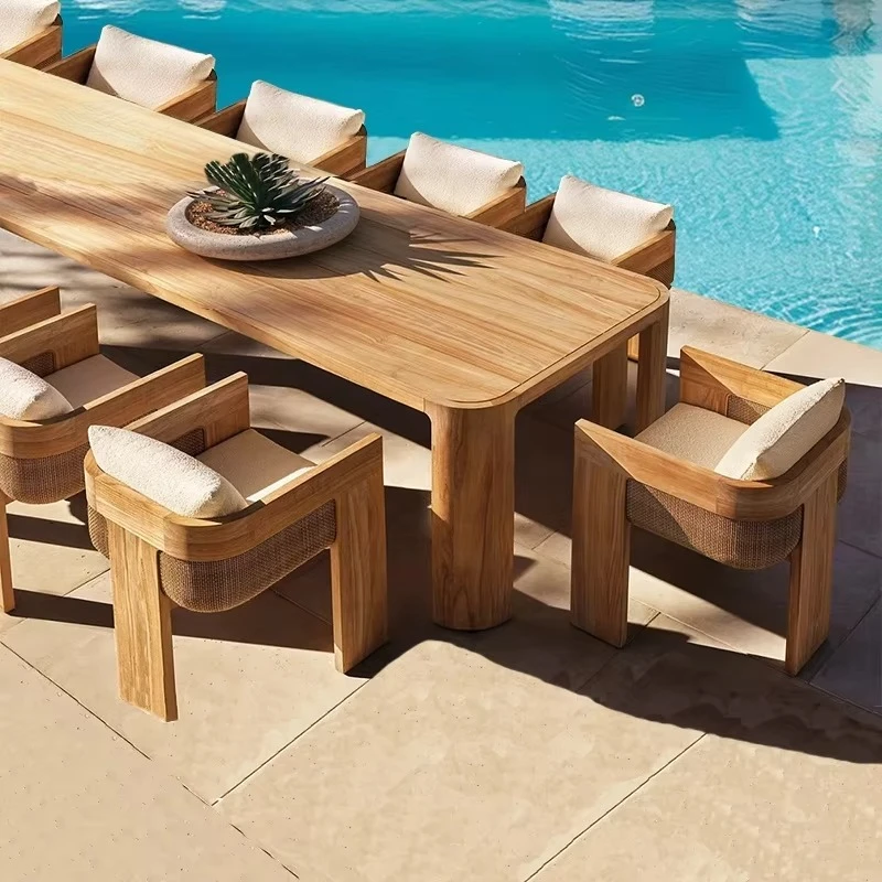 Hotel Villa Wooden Outdoor Furniture Dinning Table and Chair Set with Rattan Weaving Garden Patio Teak Wood Dining Table Set