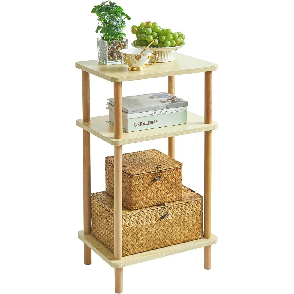 3-Tier Side Table, Solid Wood Tall End Table with Storage Shelves, Nightstand Bedside Table for Living Room Bedroom Offic