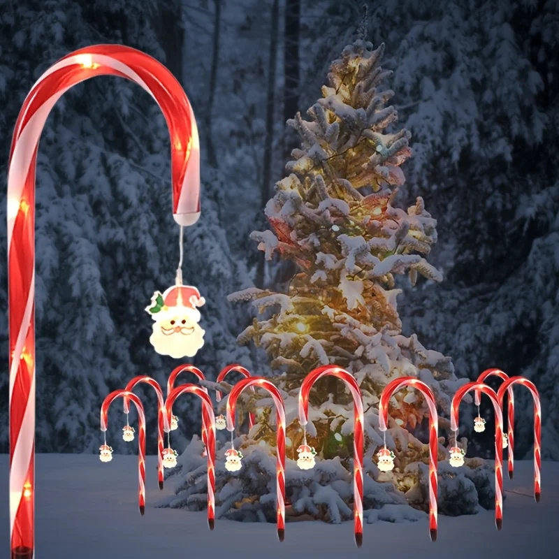 Solar Candy Cane Pathway Lights, Red White Striped Christmas Stake Lamps with Star Pendant LED Yard Lawn Decor for Xmas Holiday