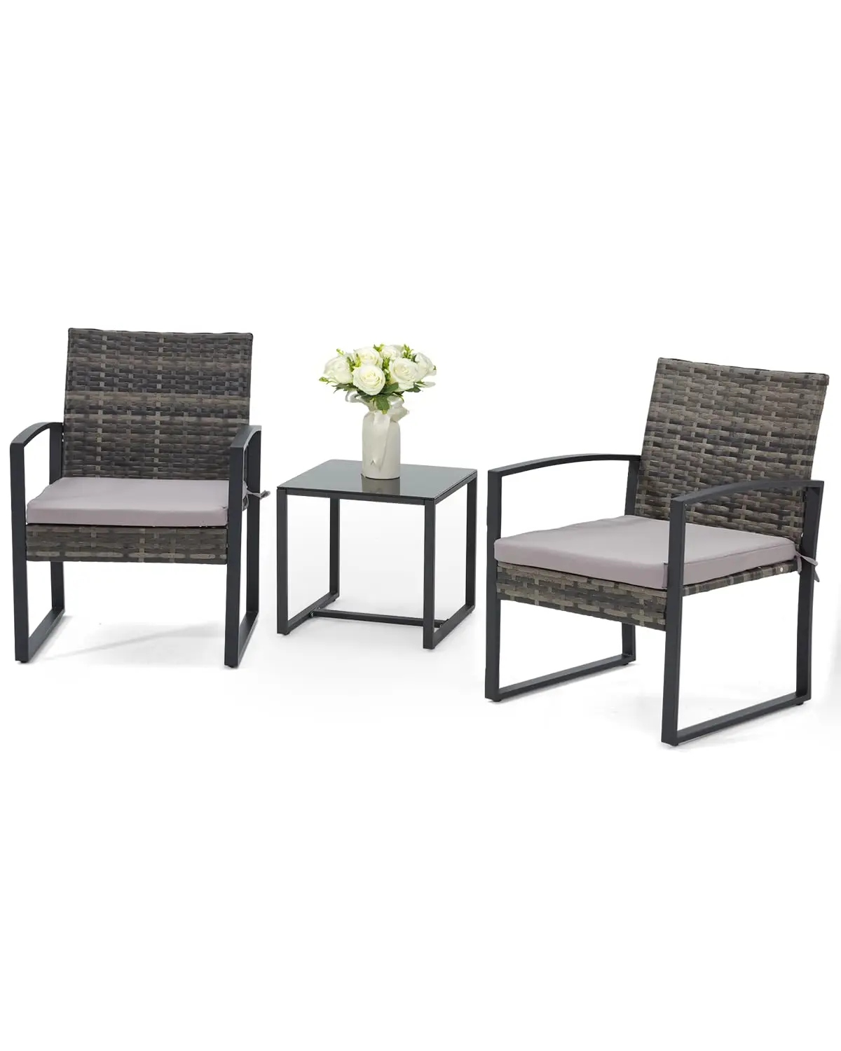 3-Piece Wicker Patio Bistro Set, Straight Arm Chairs & Glass Table, Outdoor Furniture for Backyard Porch Balcony, Customized