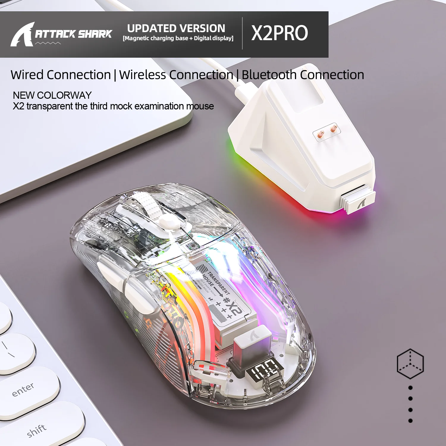 

Прозрачная беспроводная игровая мышь Attack Shark X2 Pro RGB, бесшумный щелчок, дисплей с аккумулятором, трехрежимный Bluetooth, магнитная зарядная док-станция