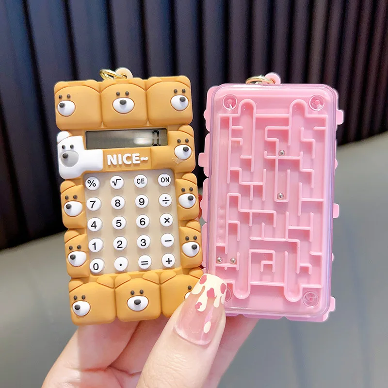 Cartoon Animal Cute Pink Pig Square Grid Calculator Key Chain Creative Doll Panda Multi-functional Maze Game keychain for Women