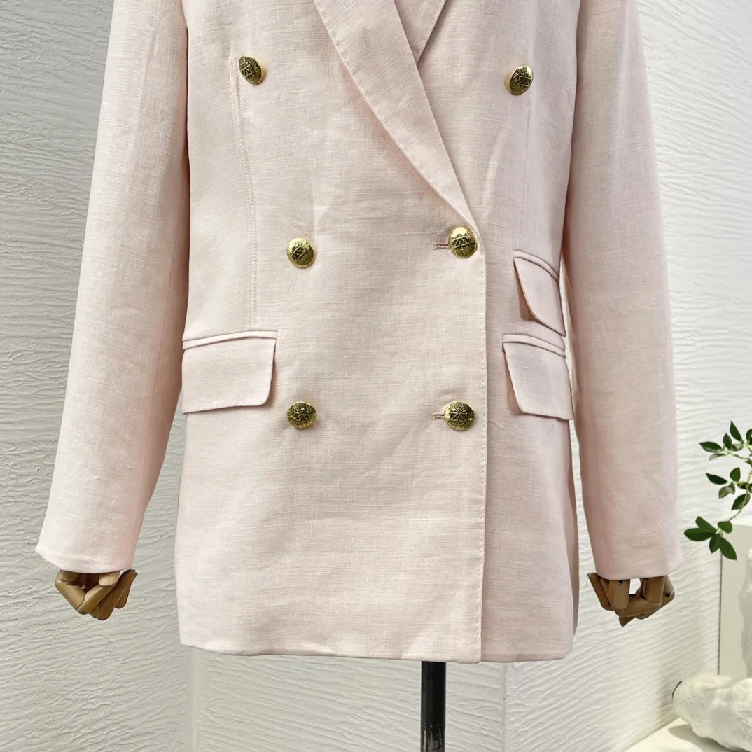 

2025 High quality pink hardware button horn button blazer tops and pants set