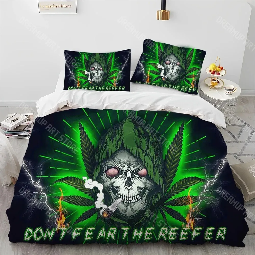 Maple Weed Plant Green Death Skull Smoke Bedding Set for Boys Girls Duvet Cover Twin Queen King Full Single Double Sizes