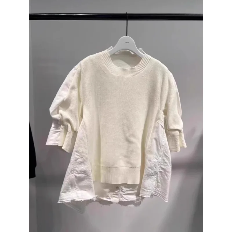 2026 Summer New Japanese Design Knit Half Sleeve Top Women Loose Denim Patchwork Short Sleeve Sweater
