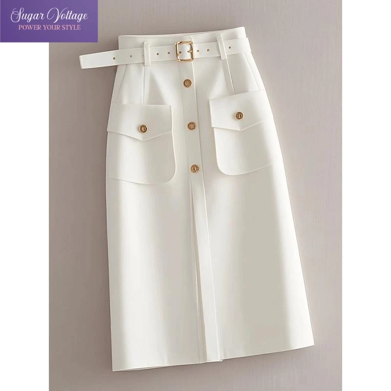 

Корейская шикарная офисная прямая юбка с высокой талией, карманом на поясе и золотыми пуговицами, облегающая белая юбка-миди, женская одежда, юбка OL