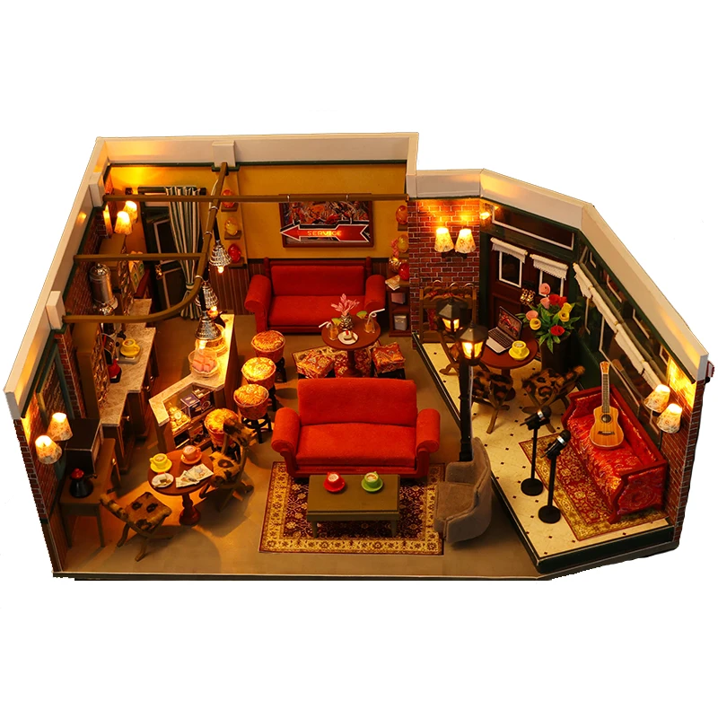 DIY Wooden Friends New York Cafe Cottage Doll Houses Miniature Model Kits Dollhouse with Furniture for Girls Birthday Gifts