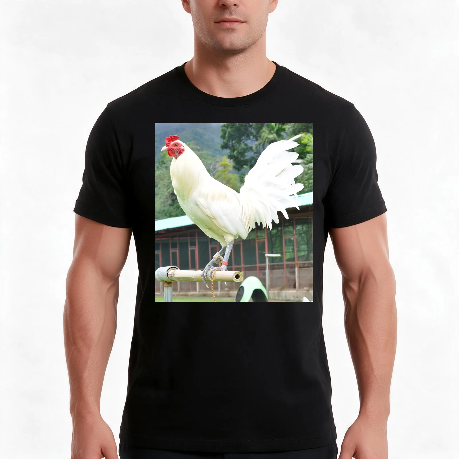 White Hatch Rooster T-Shirt, Summer Casual Cotton Tee, Oversized Streetwear Tops, Vintage Graphic Print, Loose Fit Short Sleeve