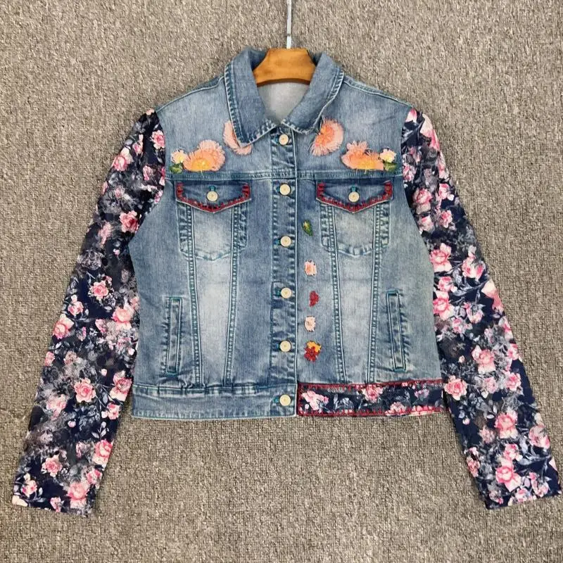 

Pure Heavyweight Embroidery Denim ort Jaet Multiple Sles Women's Faion Autumn Cotton Long Sve Regular Fit