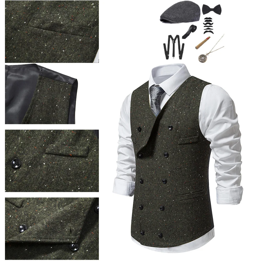 Fantasy Adult 1920 Retro Vest Hat Cosplay Costume Tie for Men Roleplay Outfits Halloween Carnival Party Disguise Suit