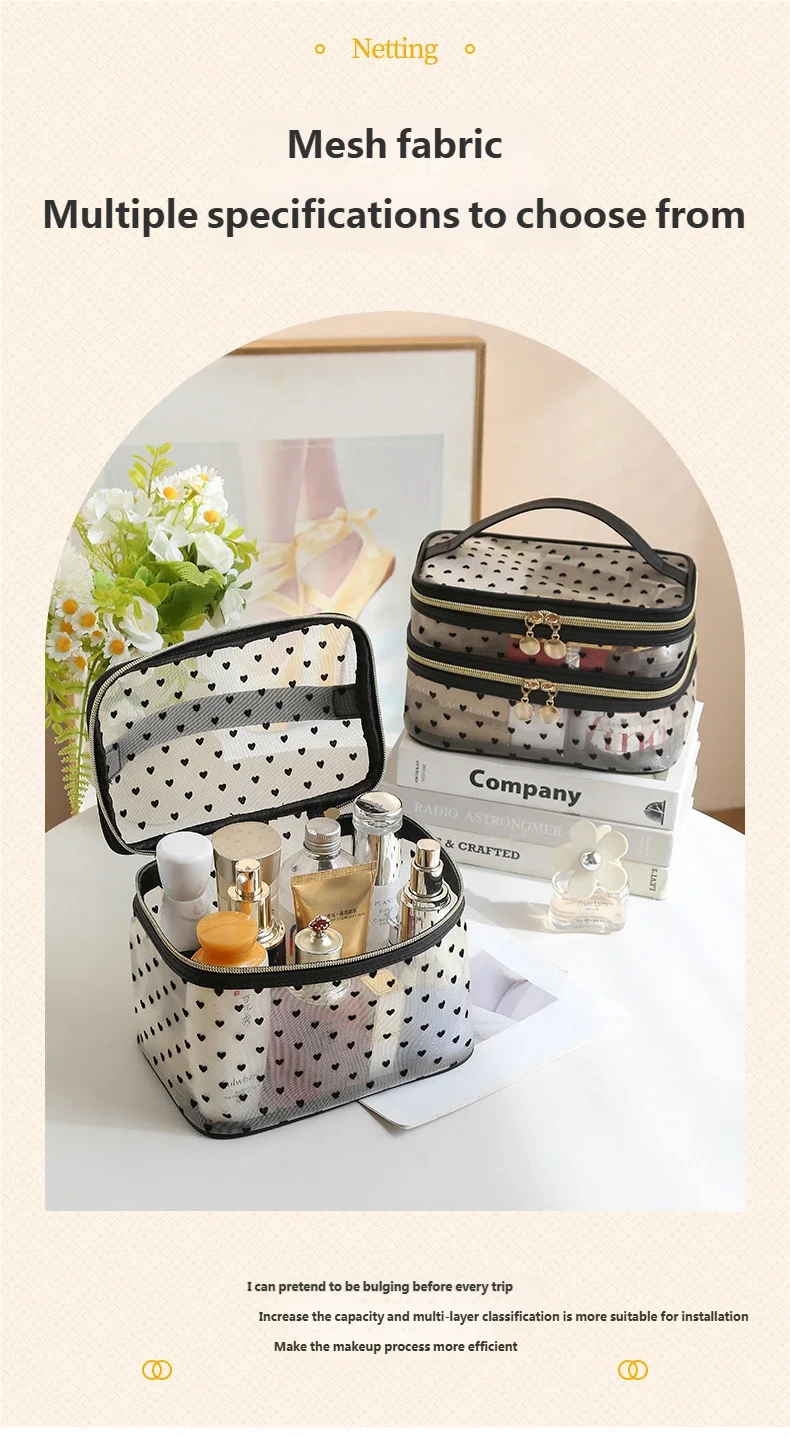 Doppels ch ichten schwarze Mesh Kosmetik tasche Reise tragbare große Kapazität Make-up Fall Organizer Aufbewahrung beutel Reiß verschluss Kultur beutel – Detail 2