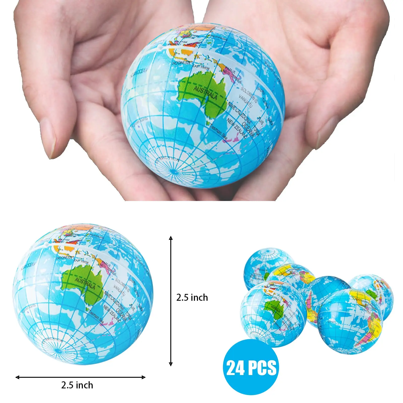 Spherical squeeze ball 2.5 inch elastic earth ball soft earth ball mini foam globe squeeze pressure ball for Birthday party
