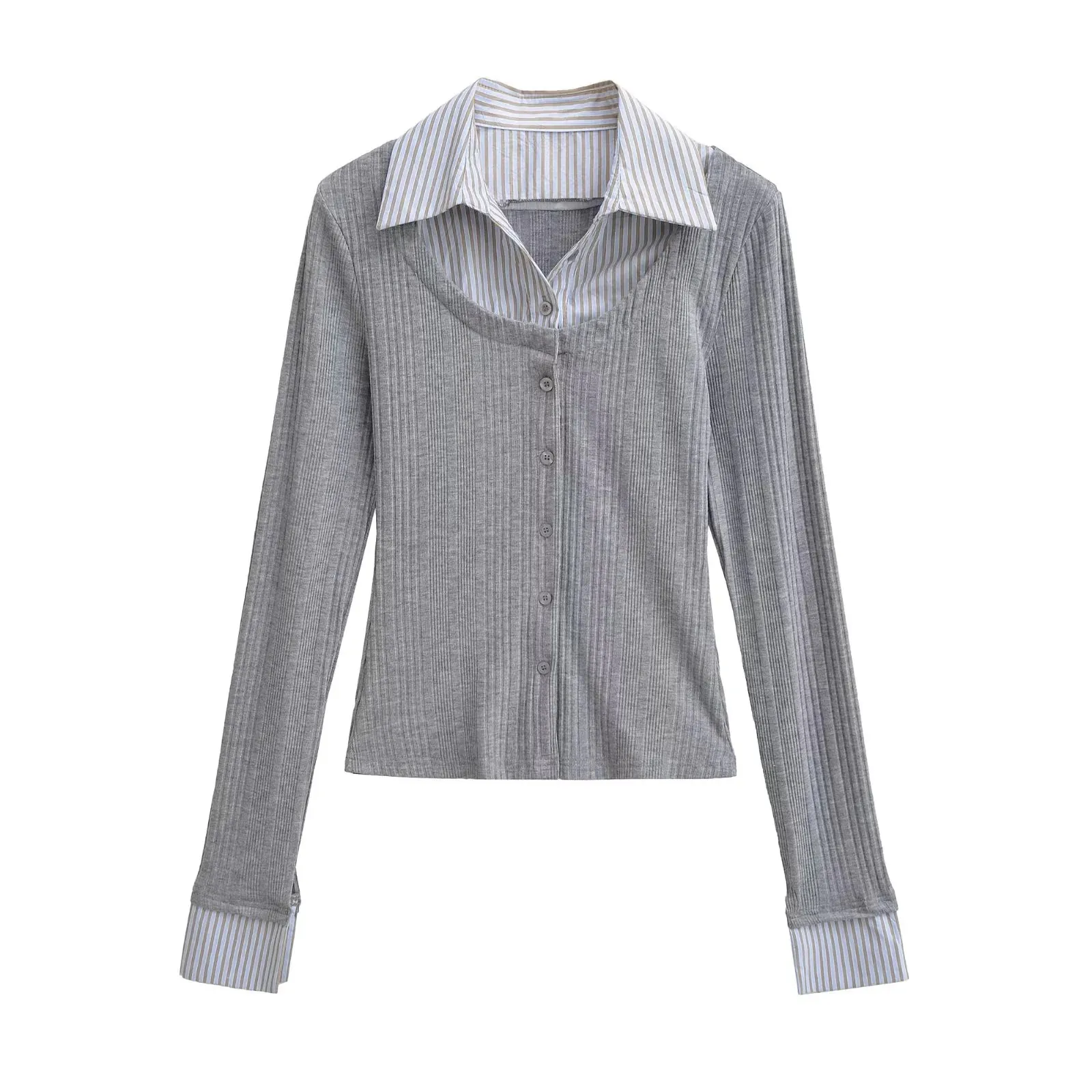 2025 Fall/Winter New Style Turn-down Collar Shirt with Knit Sweater Insert Single-breasted Fake Two-piece Top Slim Fit and E5TS