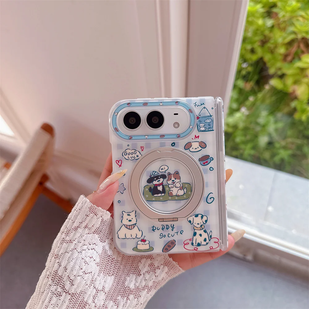 Fashion Cute Cartoon Puppy Magnetic Rotating Holder Phone Case For iPhone Duo Clear Shockproof Cover Korea Kawaii Fundas