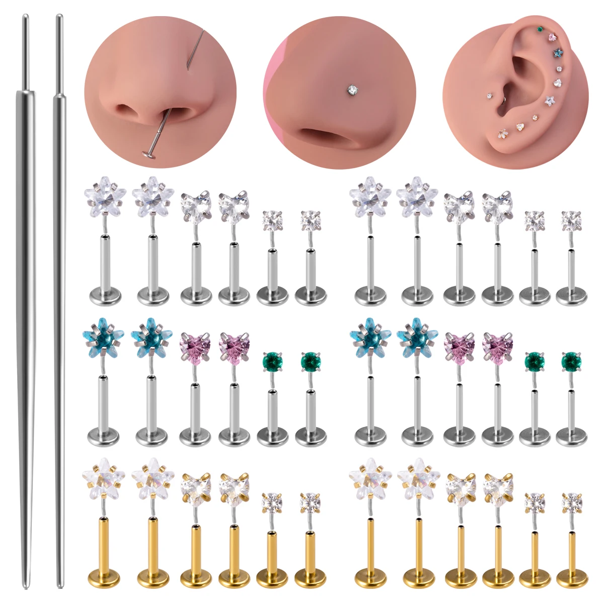 7pc Lip Ring Labret Stud Earrings for Women Push In Piercing Tool Insertion Pull Pin Ear Cartilage Tragus Helix Bar Body Jewelry