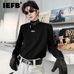 IEFB Men Long Sleeve Tops Solid Color Mock Neck Buckle Design Printing Male T-shirt Chic Men's Tees Personality Autumn 9C4637