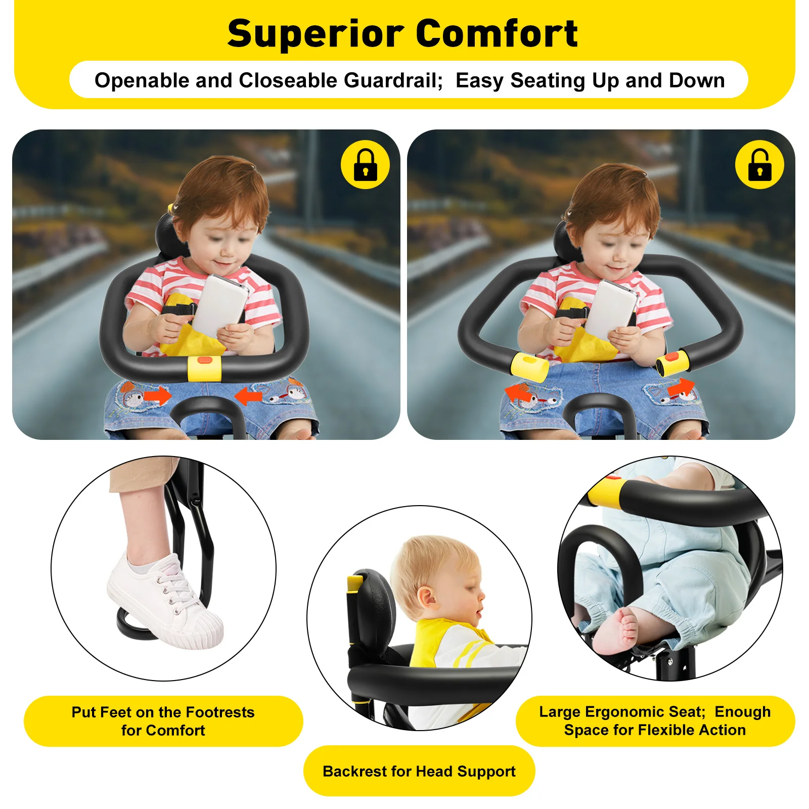 Kids Bike Seat Aluminum Alloy Child Bike Seat for Adult Bike Retractable Foldable Front Mounted Child Bike Seat with Foot Pedal image 4