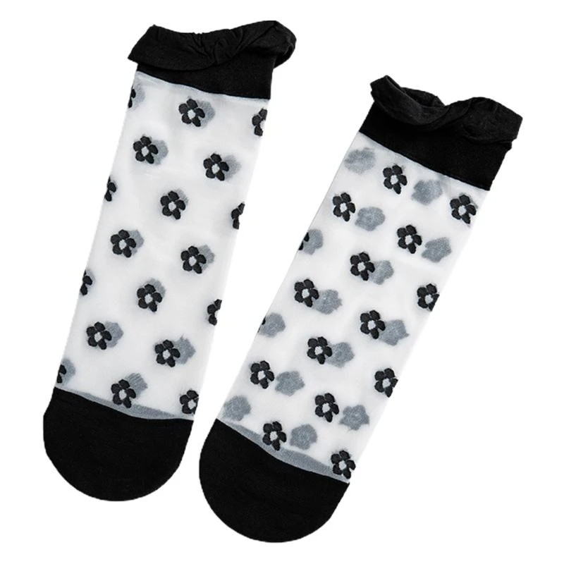 

Женские летние прозрачные короткие носки из стекловолокна в стиле Харадзюку с цветочным принтом в горошек и сердечками, сетка,