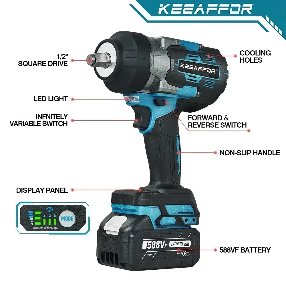 KEEAFFOR 2500W 2800N.M Llave de impacto eléctrica sin escobillas 3 engranajes 1/2 pulgadas herramienta inalámbrica destornillador eléctrico para