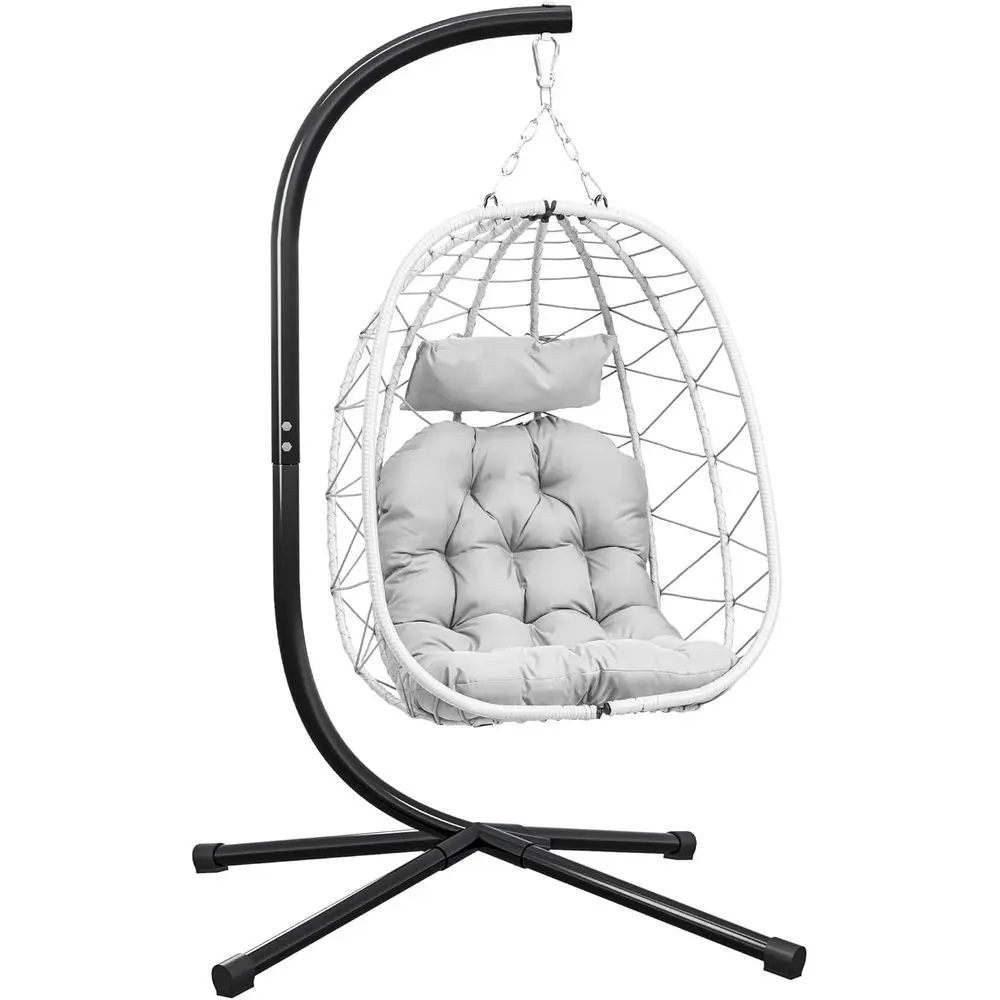 

Light Gray Indoor/Outdoor Hanging Egg Chair with Stand, Wicker Swing Chair, Cushions, 330lbs, Ideal for Patio, Bedroom, Garden