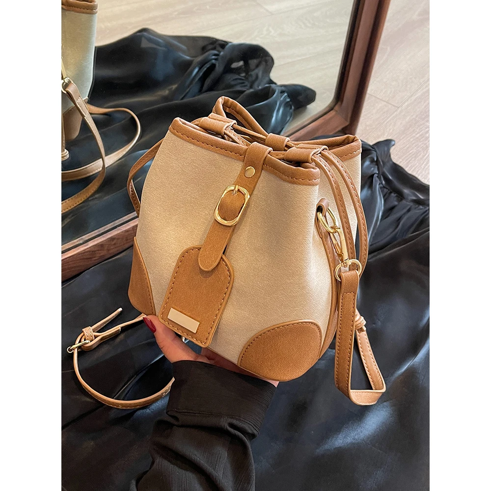 Women\'s Bucket Bag Contrast Color String Crossbody Shoulder Bags Female Casual Commute Messenger Pack Versatile Handbags