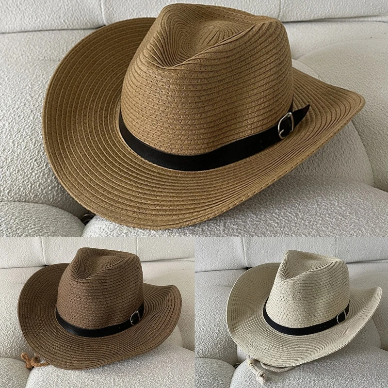 Damen-Strohhut für Sonnenhut, klassischer flacher Strandhut, Herren-Gartenhut Cowboy-Stil