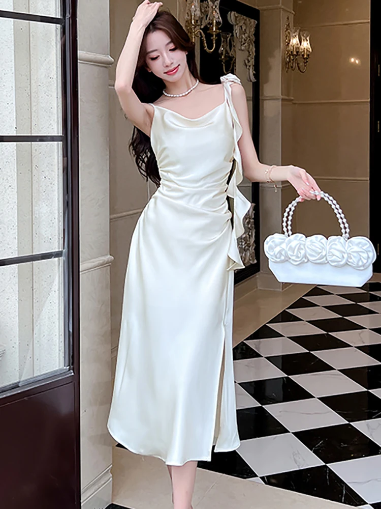 2025 Różowa satynowa plisowana sukienka bodycon z falbanami Seksowna długa sukienka letnia Elegancka sukienka na imprezę taneczną Koreańska luksusowa sukienka wieczorowa dla kobiet