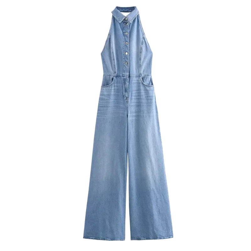 Summer French retro high-end hanging neck sleeveless suit collar cool and spicy straight leg denim jumpsuit