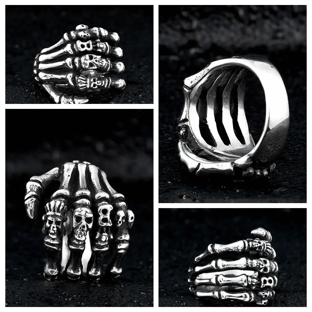 Vintage Hand Bone Biker Gothic Skull Rings Punk Rings