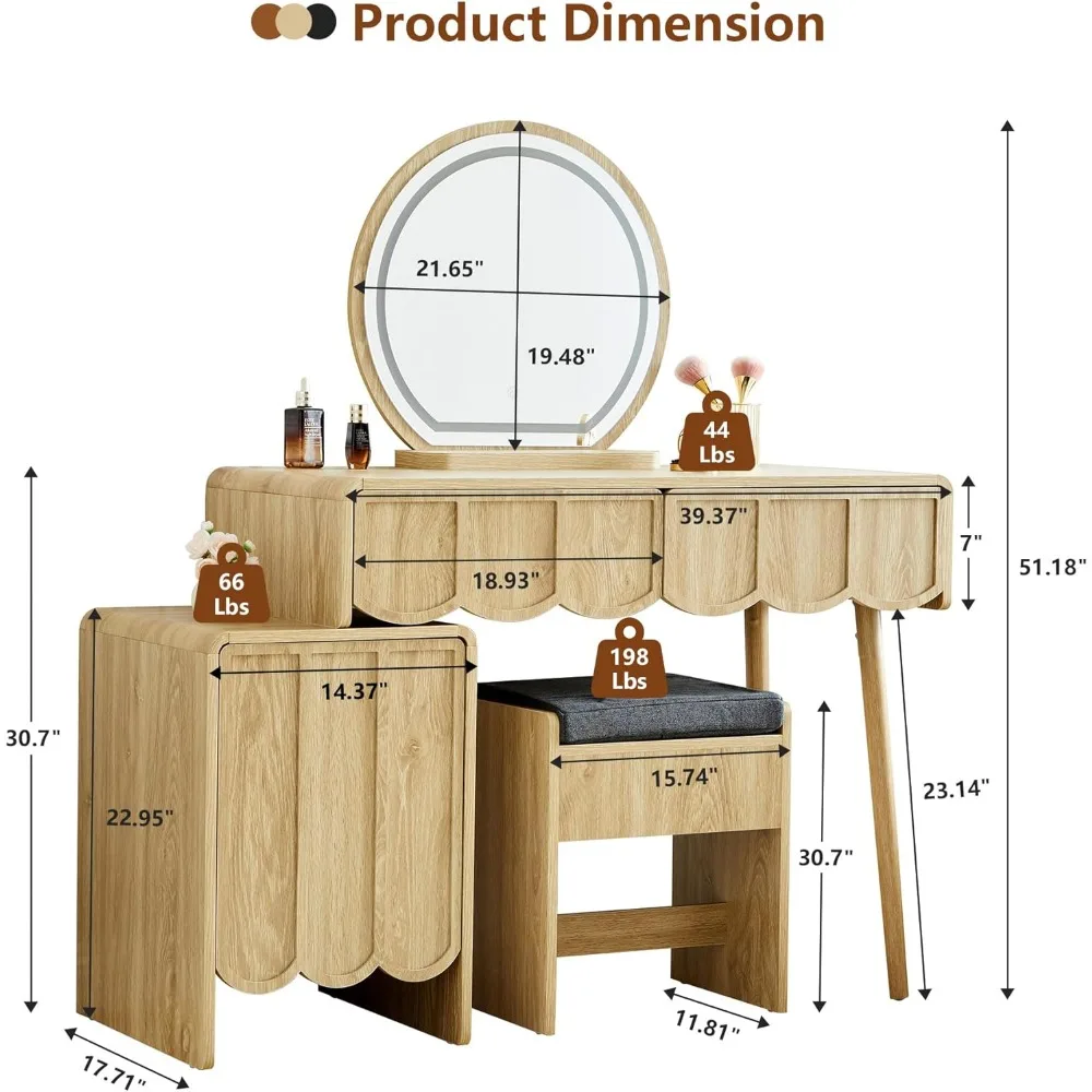مكتب الغرور المموج الخشبي المعاصر مع مرآة مضيئة وتخزين المكياج والخلع الملابس #2