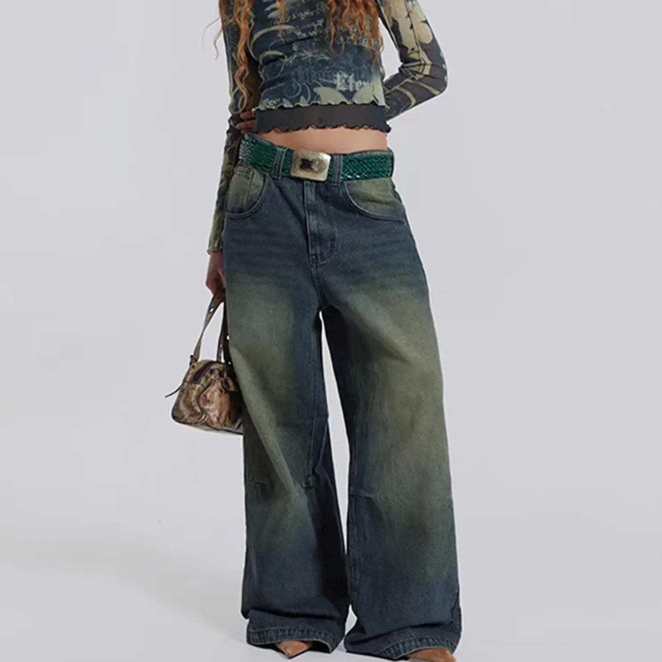 

Women Wide Leg Denim Pants Casual Solid Color Loose Jeans Trousers with Pockets for Work Office Retro Y2K Streetwear