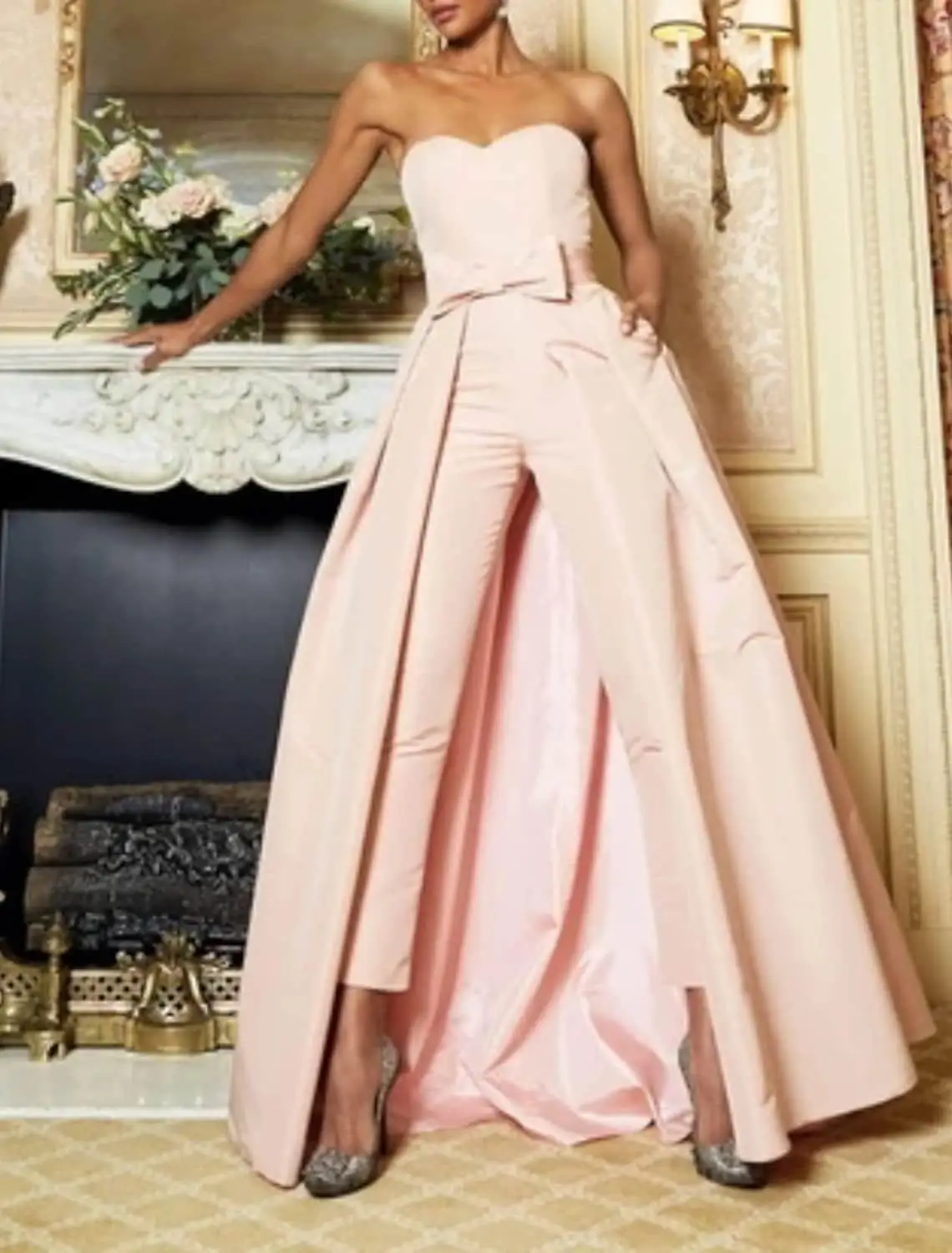 Elegante Macacões Vestidos De Noite Com Saia Destacável Sem Mangas Backless Simples Blush Pink Satin Wedding Party Gown Para As Mulheres