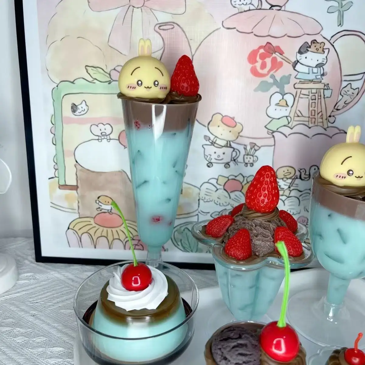 غرفة الديكور خمر نمط لطيف بودنغ الحلي النعناع الشوكولاته الحلوى ديكور نافورة الصودا الفيلم الدعائم لطيف بودنغ