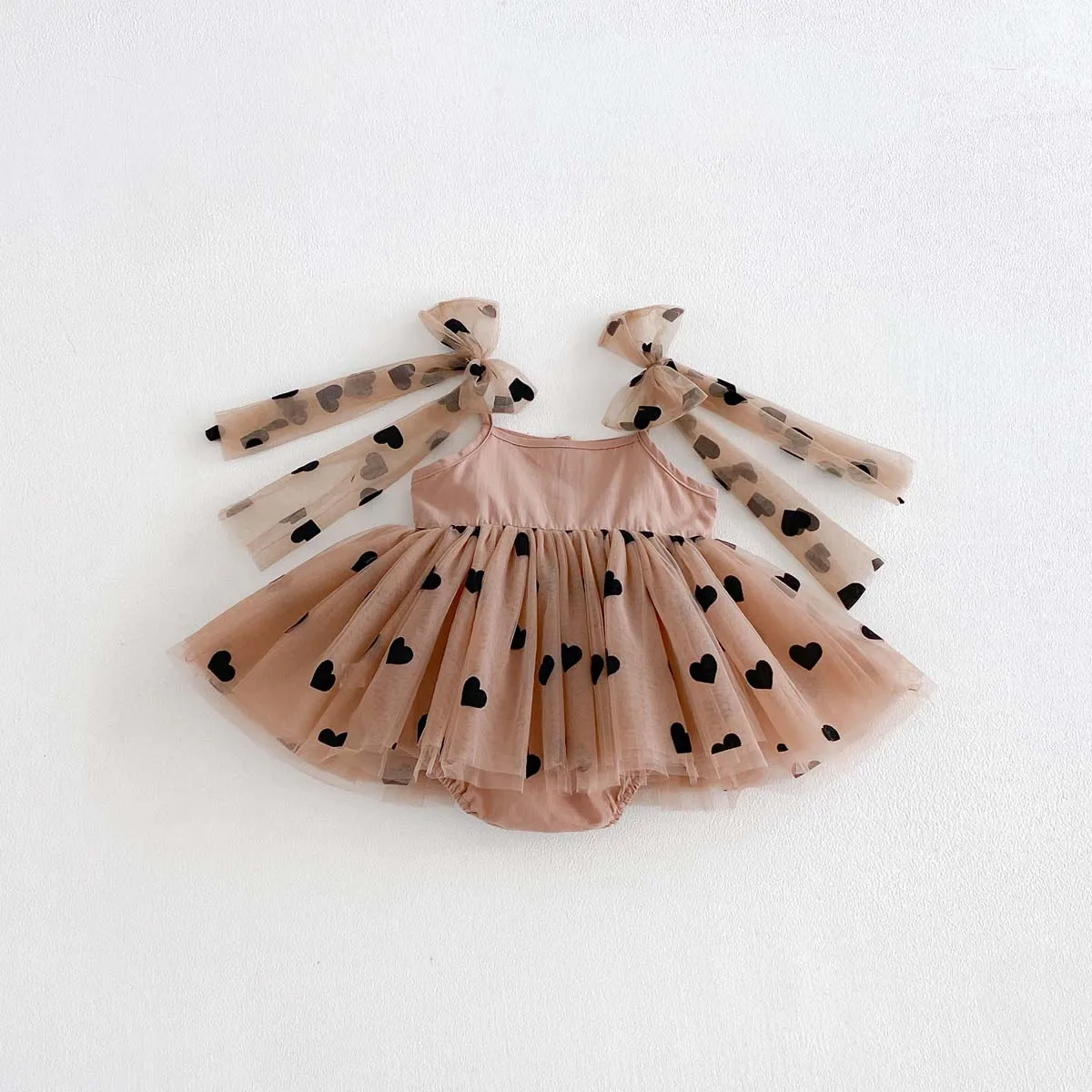 Summer Baby Girl Pink Heart Print Tulle Romper Dress Sleeveless Bow Front Tutu Jumpsuit for Birthday Party