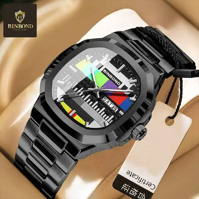 

BINBOND Creative TV Dial Man Watches New Fashion Original Retro Design Luminous Quartz Wristwatch For Man With Calendar Week