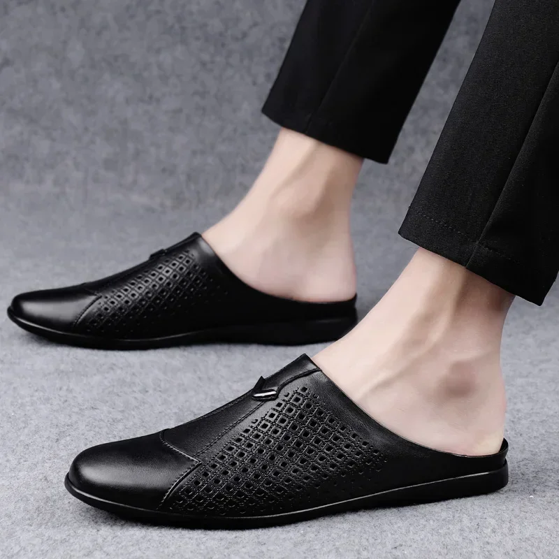 Fashion Mens Half Loafers Genuine Leather Baotou Leather Sandals Hollow Out Breathable Mules Man Outdoor Lightweight Half Shoes