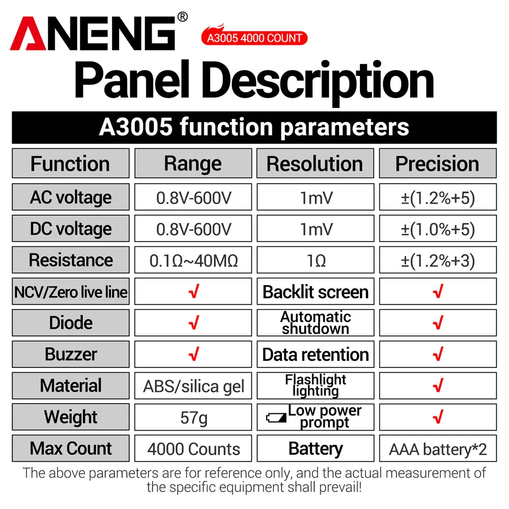 ANENG A3005 Digital Multimeter Professional Pen Testers AC/DC Voltage Meter Live Zero Line Detector Buzzer Ohm Tester Tools